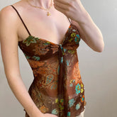 BXOXO Retro Mesh Floral Print Camis Sexy See Through Sleeveless Crop Top y2k Vintage Ruffles Tee Summer Holiday Transparent Top